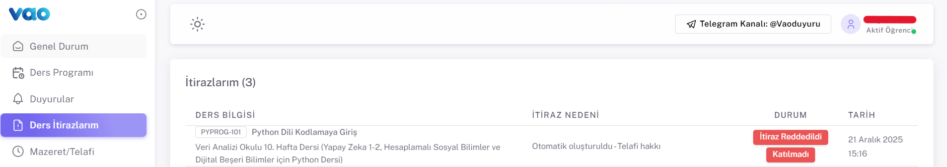 Ders İtirazlarım Sayfası